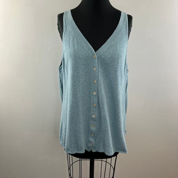 POETRY Blue Linen Cardigan Sweater Cotton Ribbed V-Neck Button Knit Size 16 - Picture 2 of 9